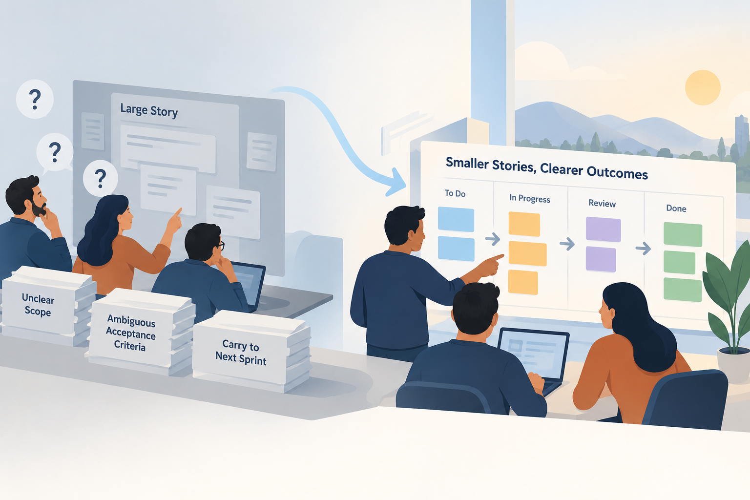 Engineering teams move from unclear, oversized stories and repeated sprint rollover to smaller, clearer work flowing through a Kanban board.