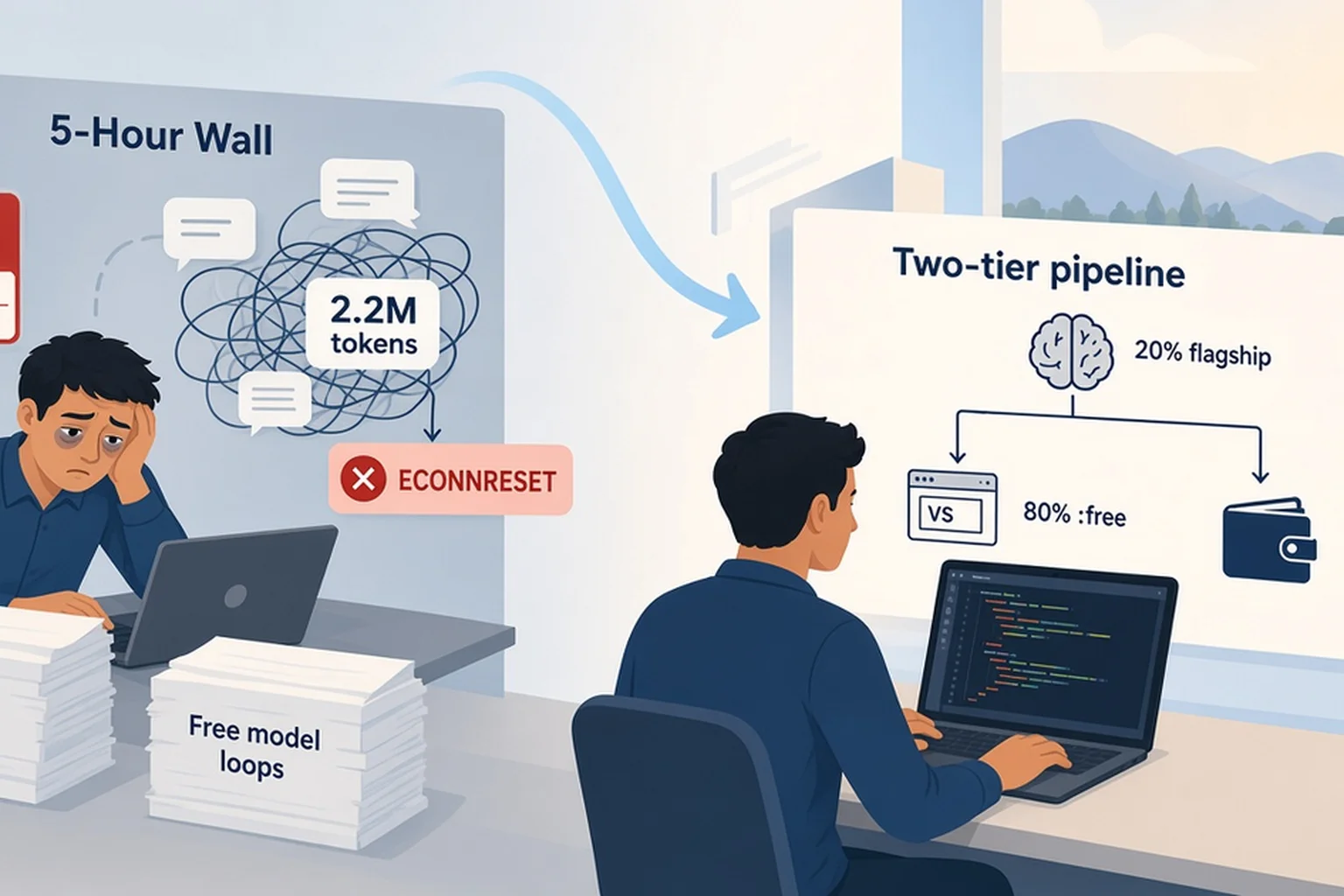 A developer moves from hitting a subscription rate limit and runaway agent context to a DIY two-tier OpenRouter pipeline, and the hidden costs of context bloat, huge PRs, and overnight wallet drain.